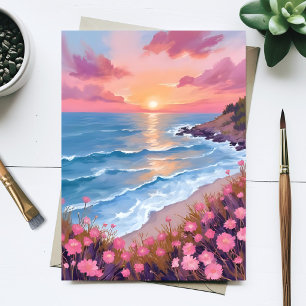 Roze Oceaan Zonsondergang Aquarel Bloemen Schilder Briefkaart