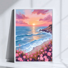 Roze Oceaan Zonsondergang Aquarel Bloemen Schilder Poster