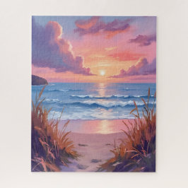Roze Oceaan Zonsondergang Strand Aquarel Schilderi Legpuzzel