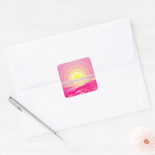 ROZE OCEAAN ZONSONDERGANG VIERKANTE STICKER (Envelop)