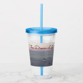 Roze Oceaan Zonsopgang Strand Droom Leven Spreuk Acryl Drinkbeker