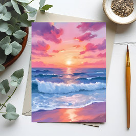 Roze Oceaangolven Zonsondergang Aquarel Briefkaart