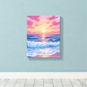 Roze Oceaangolven Zonsondergang Aquarel Canvas Afdruk (Insitu (Houten vloer))