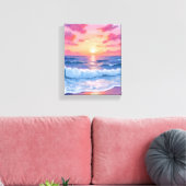 Roze Oceaangolven Zonsondergang Aquarel Canvas Afdruk (Insitu (Woonkamer))