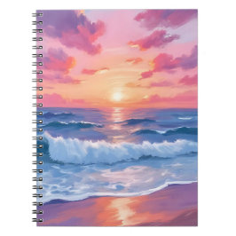 Roze Oceaangolven Zonsondergang Aquarel Notitieboek