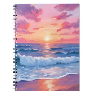 Roze Oceaangolven Zonsondergang Aquarel Notitieboek