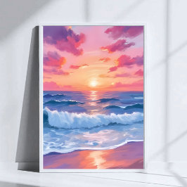 Roze Oceaangolven Zonsondergang Aquarel Poster