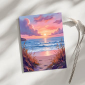 Roze Oceaanschildering Aquarel Strand Zonsondergan