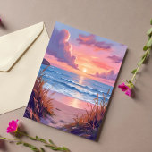 Roze Oceaanschildering Aquarel Strand Zonsondergan