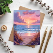 Roze Oceaanschildering Aquarel Strand Zonsondergan