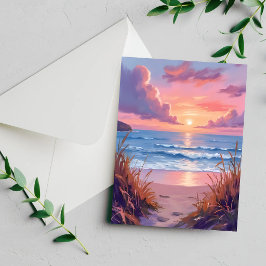 Roze Oceaanschildering Aquarel Strand Zonsondergan