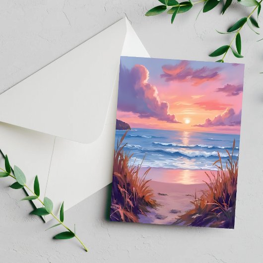 Roze Oceaanschildering Aquarel Strand Zonsondergan