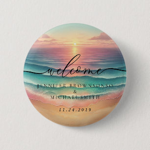 Roze Oceaanstrand Signature Boho Welkom zonsonderg Ronde Button 5,7 Cm