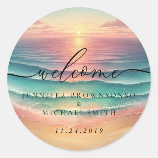 Roze Ocean Beach Signature Boho Welkom bruiloft Ronde Sticker (Voorkant)