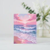 Roze Ocean Shore Beach Schilderij Briefkaart (Staand voorkant)