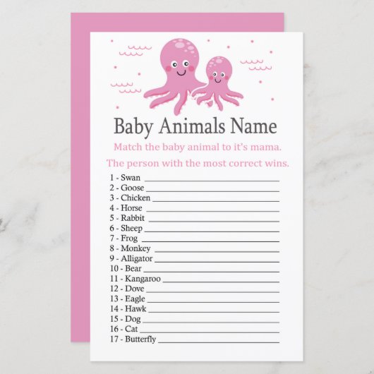 Roze Octopus Baby Animals Name Game (Voorkant / Achterkant)