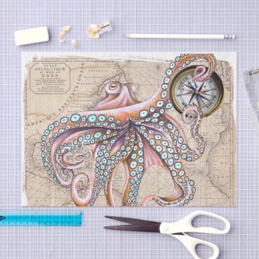 Roze octopus Full  Map Compass Beach Tissuepapier (Craft)
