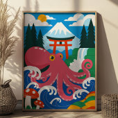 Roze Octopus met Mount Fuji & Torii Gate Japans Poster
