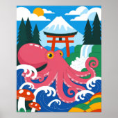 Roze Octopus met Mount Fuji & Torii Gate Japans Poster (Voorkant)
