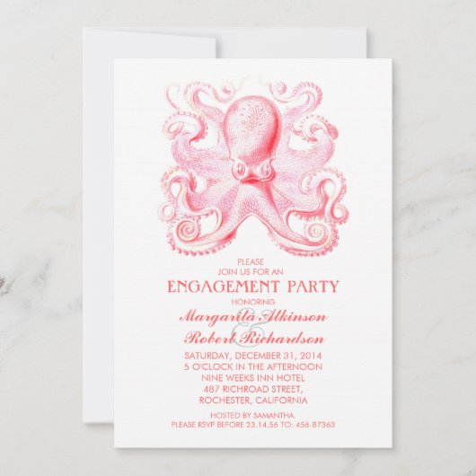 Roze Octopus Nautisch Strand Verlovingsfeest Kaart (Voorkant)
