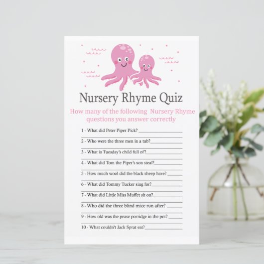 Roze Octopus Nursery Rhyme Quiz baby shower game (Staand voorkant)