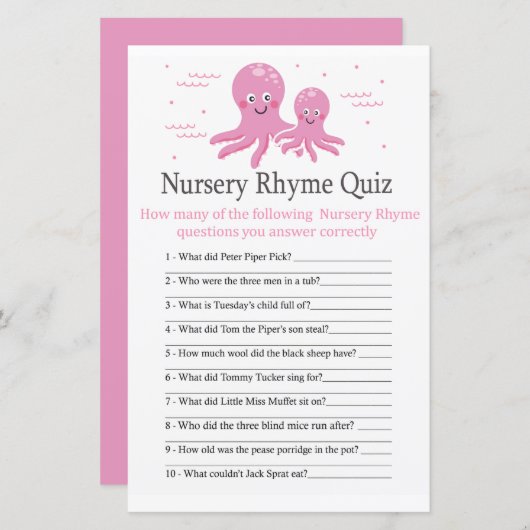 Roze Octopus Nursery Rhyme Quiz baby shower game (Voorkant / Achterkant)