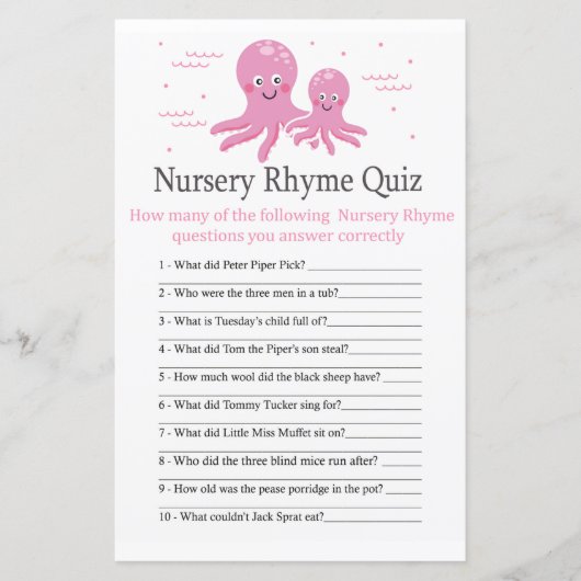 Roze Octopus Nursery Rhyme Quiz baby shower game (Voorkant)