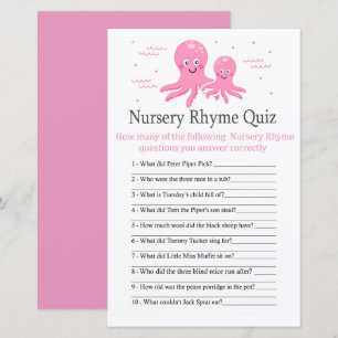 Roze Octopus Nursery Rhyme Quiz baby shower spel