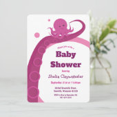 Roze octopus | Uitnodiging tot Baby shower (Staand voorkant)