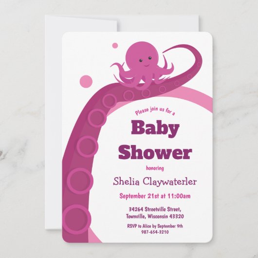 Roze octopus | Uitnodiging tot Baby shower (Voorkant)