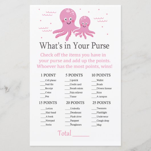 Roze Octopus Wat zit er in je handtas? (Voorkant)