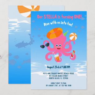Roze octopus zomer baby girl Verjaardagsfeestje Kaart