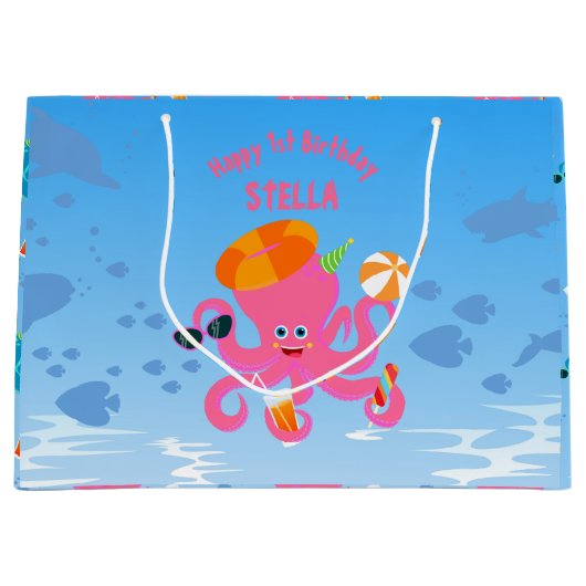 Roze octopus zomer baby meisje Verjaardagsfeest Groot Cadeauzakje (Voorkant)