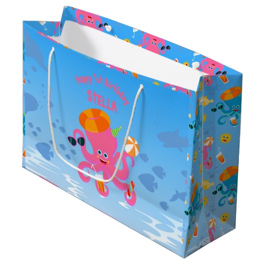 Roze octopus zomer baby meisje Verjaardagsfeest Groot Cadeauzakje (Voorkant Gekanteld)