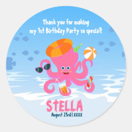 Roze octopus zomer baby meisje Verjaardagsfeest Ronde Sticker