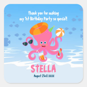 Roze octopus zomer baby meisje Verjaardagsfeest Vierkante Sticker