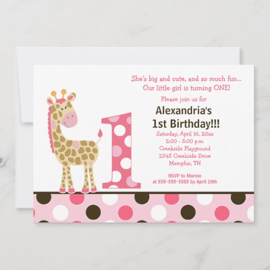 Roze Oerwoud Giraffe 1e verjaardag Uitnodiging 5x7 (Voorkant)