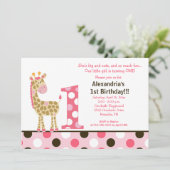 Roze Oerwoud Giraffe 1e verjaardag Uitnodiging 5x7 (Staand voorkant)