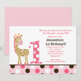 Roze Oerwoud Giraffe 1e verjaardag Uitnodiging 5x7