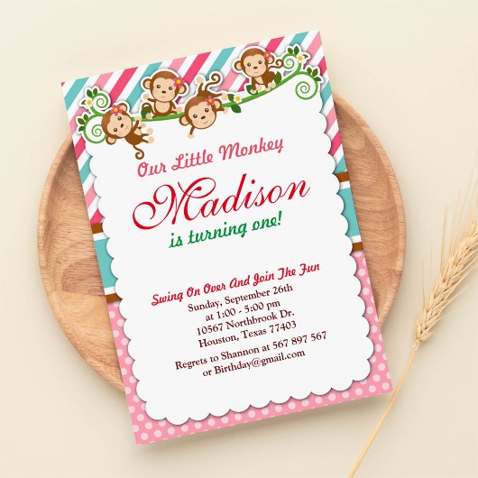 Roze Oerwoud Monkey Safari Animal Birthday Kaart