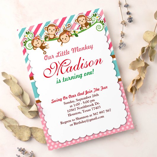 Roze Oerwoud Monkey Safari Animal Birthday Kaart