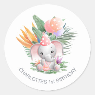 Roze Oerwoud Olifant 1e Verjaardag Ronde Sticker