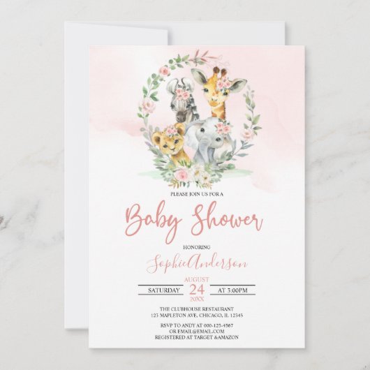 Roze Oerwoud Safari Baby shower Kaart (Voorkant)