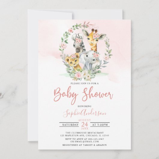 Roze Oerwoud Safari Baby shower Kaart (Voorkant)
