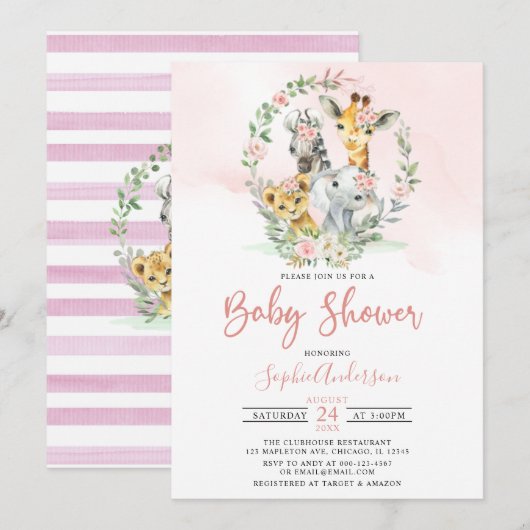 Roze Oerwoud Safari Baby shower Kaart (Voorkant / Achterkant)
