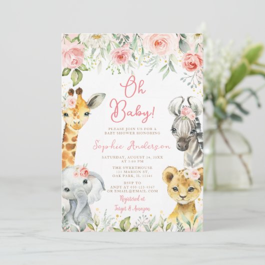 Roze Oerwoud Safari Baby shower Kaart (Staand voorkant)