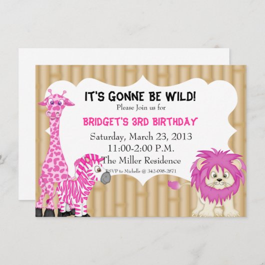 Roze Oerwoud Safari Birthday Uitnodiging (Voorkant / Achterkant)