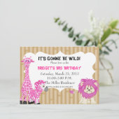 Roze Oerwoud Safari Birthday Uitnodiging (Staand voorkant)