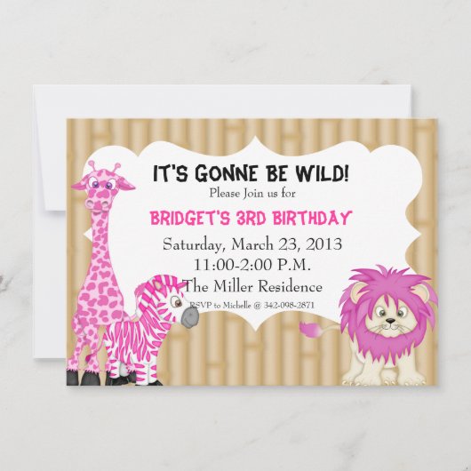 Roze Oerwoud Safari Birthday Uitnodiging (Voorkant)