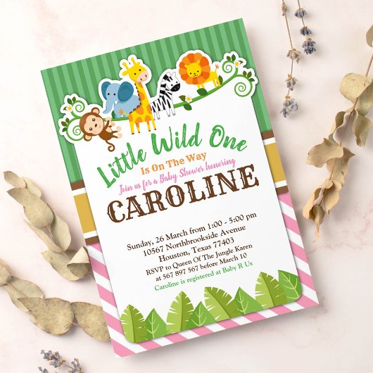 Roze Oerwoud Safari dierentuin Baby shower Kaart